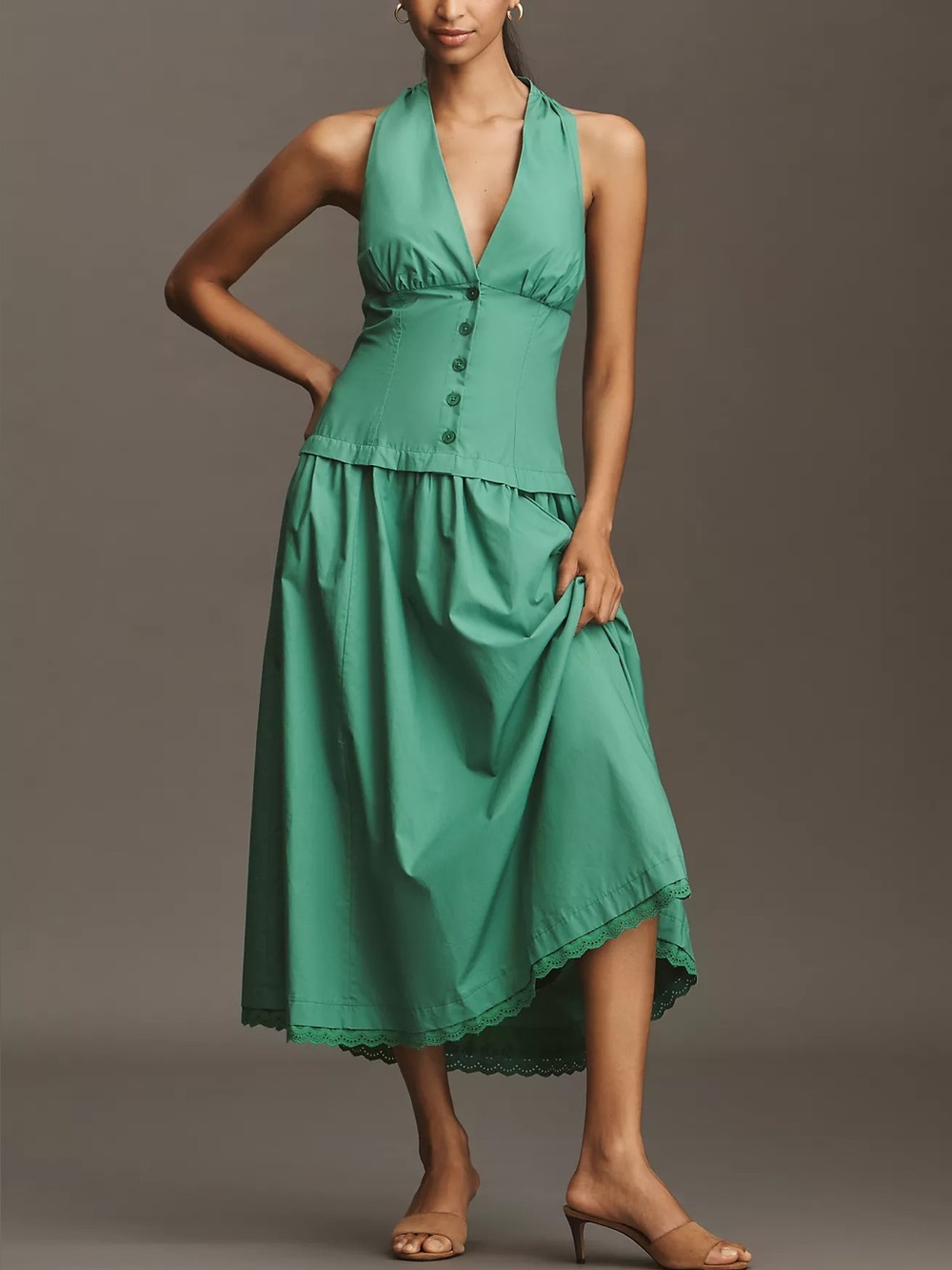 Anthropologie Maeve Halter V-Neck Drop-Waist Midi Dress - Picture 2 of 7